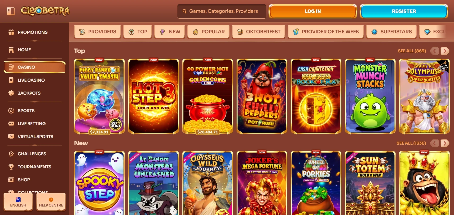 Cleobetra game lobby with game icons